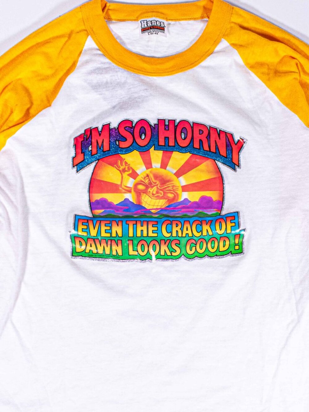Vintage 80s Im So Horny Even Crack of Dawn Looks Good Shirt L Hanes Raglan Tee